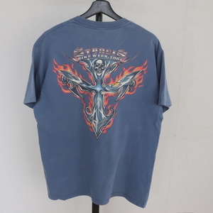 Z259 2004年製ビンテージ ギルダン 半袖プリントTシャツ■00s 表記Lサイズ ブルー スカル ファイヤー スタージス アメカジ ストリート 古着