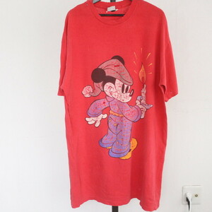 N385 90sビンテージ Disney ディズニー 半袖プリントTシャツ■1990年代製 約XLサイズ レッド 赤 ミッキーマウス シングル キャラクター 80s