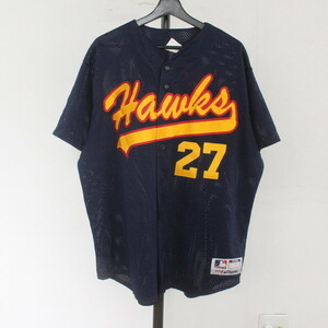 N306 90sビンテージ MAJESTIC ベースボールシャツ■1990年代製 表記XLサイズ ネイビー MLB ホークス ゲームTシャツ 古着 アメカジ メッシュ