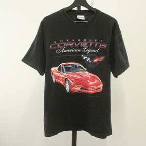 L633 2000年代製 Hanes ヘインズ 半袖プリントTシャツ■00s 表記Lサイズ 黒 ブラック サーキット CORVETTE アメカジ ストリート 古着 90s