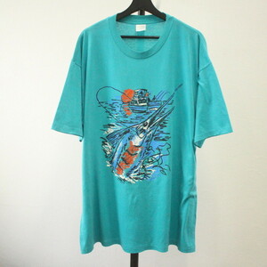 f486 90sビンテージ HUCCER プリントTシャツ USA製■1990年代製 表記2XLサイズ グリーン アメカジ ビッグサイズ ストリート アニマル 80s