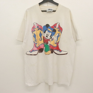 V498 90sビンテージ Mickey 半袖プリントTシャツ USA製■1990年代製 XLサイズぐらい ホワイト 白 ミッキー ウエスタン 古着 古着卸 激安
