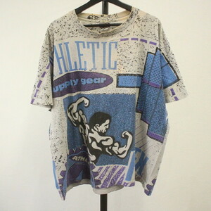 A489 90sビンテージ ATHLETICSUPPLYGEAR プリントTシャツ■1990年代製 表記XLサイズ USA製 グレー 大判プリント アメカジ 古着 古着卸