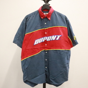 U527 90sビンテージ 半袖シャツ■1990年代製 表記Lサイズ レーシング ネイビー DUPONT ジェフゴードン 刺繍 80s 70s ボタンダウン 古着