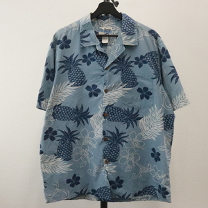 U530 90sビンテージ HawaiianShirt 半袖シャツ■1990年代製 表記Lサイズ パイナップル ブルー アロハ ハイビスカス オープンカラー 古着 
