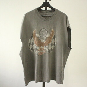 g391 2000年代製 HarleyDavidson ハーレーダビッドソン 半袖Tシャツ■00s 約XLサイズ グレー イーグル カットオフ アメカジ ストリート 90s