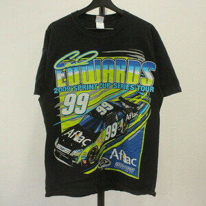 d414 2009年製 NASCAR プリント 半袖 Tシャツ■00s 表記Lサイズ ブラック EUWARDS AFLAC レーシング 古着 アメカジ トップス
