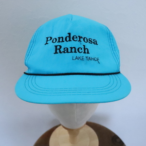 CAP191 90sビンテージ PONDEROSA 刺繍プリント ナイロンキャップ■1990年代製 ブルー アメカジ ストリート CAP 帽子 アンティーク 80s 70s