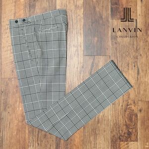 春夏/LANVIN COLLECTION/46サイズ/国産スラックス パンツ なめらか清涼サマーウール チェック柄 ノータック 美脚 新品/黒×白/ib184/