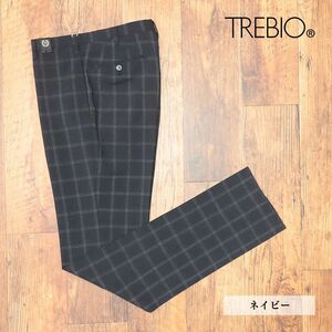 1円/TREBIO/85cm/スラックス パンツ 清涼ウール チェック柄 ノータック クラシコ トラッド 美脚 新品/紺/ネイビー/id383/