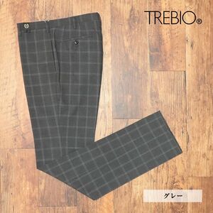 1円/TREBIO/85cm/スラックス パンツ 清涼ウール チェック柄 ノータック クラシコ トラッド 美脚 新品/グレー/id383/