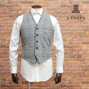 春夏/LANVIN COLLECTION/50サイズ/国産ベスト なめらか清涼サマーウール チェック柄 パイピング プレッピー ジレ 新品/黒×白/ib157/