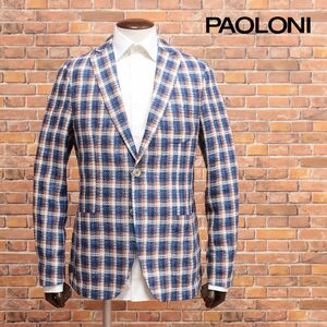 春夏/PAOLONI/50サイズ/アンコン ジャケット 麻 リネン サマーツイード チェック パオローニ 新品/青×オレンジ/ic165/