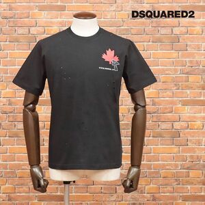 DSQUARED2/Sサイズ/イタリア製Tシャツ S71GD1123 なめらかジャージー ロゴ ワンポイト ダメージ加工 丸首 半袖 新品/黒/ブラック/id193/