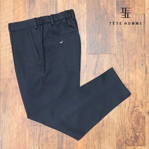 春夏/TETE HOMME/Mサイズ/美脚イージーパンツ 大きいサイズ なめらかジャージー チェック柄 日本製 上品 楽ちん 新品/紺/ネイビー/ig122/