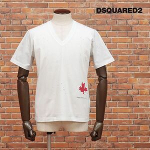 DSQUARED2/XLサイズ/VネックTシャツ S71GD1136 上質ジャージー ダメージ加工ワンポイト プリント イタリア製 半袖 新品/白/ホワイト/id195/