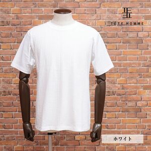 TETE HOMME/LLサイズ/丸首カットソー 消臭 清潔◎ 伸縮性 幾何学 ジャガード ジャージー 半袖 新品/白/ホワイト/ig192/