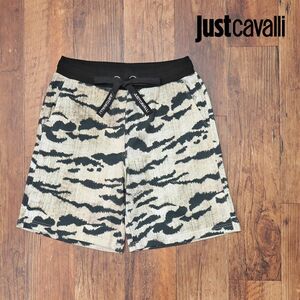 1円/春夏/Just cavalli/Lサイズ/イージー ハーフパンツ スウェット伸縮 タイガー柄プリント ちょいワル 楽ちん 新品/ベージュ×黒/id159/