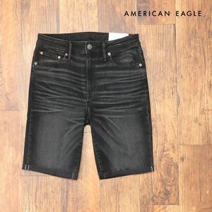 春夏/AMERICAN EAGLE/30インチ/デニム ハーフパンツ 3131-7320 抜群の伸縮性 無地 ダメージ加工 ショーツ 新品/黒/ブラック/ih119b/