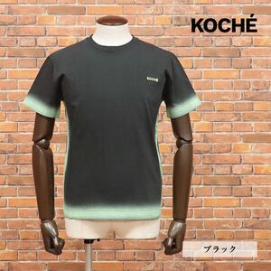 1円/KOCHE/Lサイズ/イタリア製Tシャツ なめらかジャージー 伸縮 カラー切替プリント クルーネック 半袖 新品/黒/ブラック/id251/