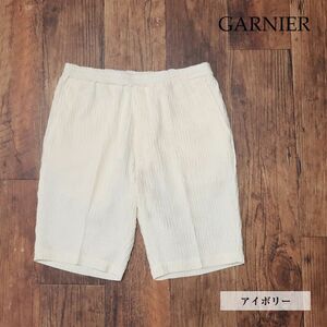 2023春夏/GARNIER/Lサイズ/イージー ハーフパンツ さらっと プリーツ ジャガード 無地 ショーツ 新品/アイボリー/ig144/