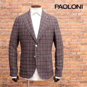 春夏/PAOLONI/50サイズ/快適ジャケット リネン混サマーツイード チェック 涼しい◎ レトロ 快適 アンコン 新品/茶×紺/ic161/