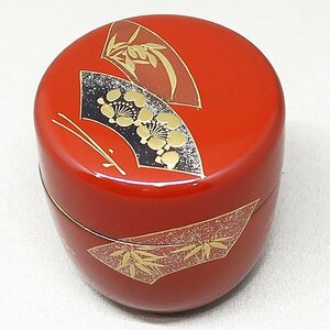 DKG★ 時代物 扇面 梅笹蒔絵 棗 中次 茶道具 金彩 赤漆 漆芸 漆工芸 茶入れ 漆芸 なつめ