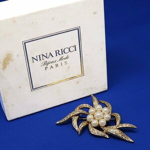 DKG★送料無料★美品 NINA RICCI ニナリッチ フェイクパール ラインストーン フラワー ブローチ ニナリッチブローチ