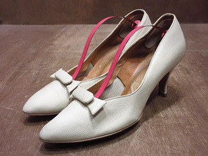  Vintage 50's*cuscino ribbon attaching leather pumps unbleached cloth size 8 1/2*240513i1-w-pmp-255cm lady's shoes ivory white 