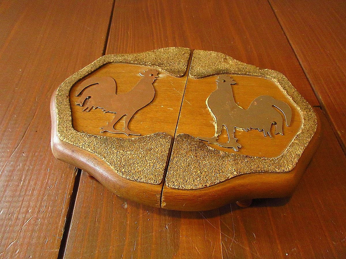 ビンテージ●鶏モチーフウッドトリベット●240515j4-otclctキッチンイ