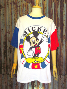 ビンテージ90’s●MICKEYトリコロールカラープリントTシャツ●240530k5-m-tsh-ot 1990sミッキーマウスウォルト・ディズニー半袖古着