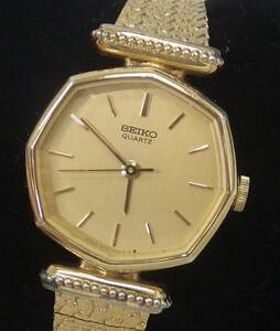 【中古動作品】★SEIKO セイコー3針クォーツ レディース腕時計 オクタゴンケース SGP 5421-5140 ゴールド文字盤 純正ベルト