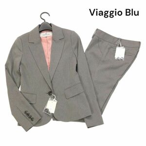 新品 未使用★ Viaggio Blu ビアッジョブルー 通年 ストライプ ジャケット&パンツ セットアップ スーツ Sz.0　レディース 灰　K4T00518_4#O