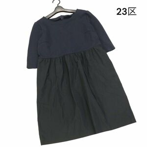 23区 春夏 7分袖 ドッキング♪ ワンピース Sz.46　レディース ネイビー 大きいサイズ　K4T00525_4#D