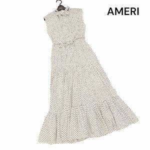 AMERI アメリ 春夏 リボン♪ ドット 総柄 ノースリーブ ロング ティアード ワンピース Sz.F　レディース 白　K4T00539_4#D