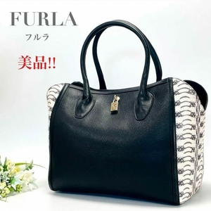 未使用 フルラ FURLA パイソン トートバッグ ハンドバッグ 肩がけ ブラック 黒 ホワイト 白 バイカラー 蛇柄 A4 B4可 レディース 