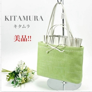 Kitamura キタムラ ミニハンドバッグ トートバッグ 手提げ バッグ 黄緑 白 グリーン ホワイト リボン レディース お洒落 ロゴ ブランド 