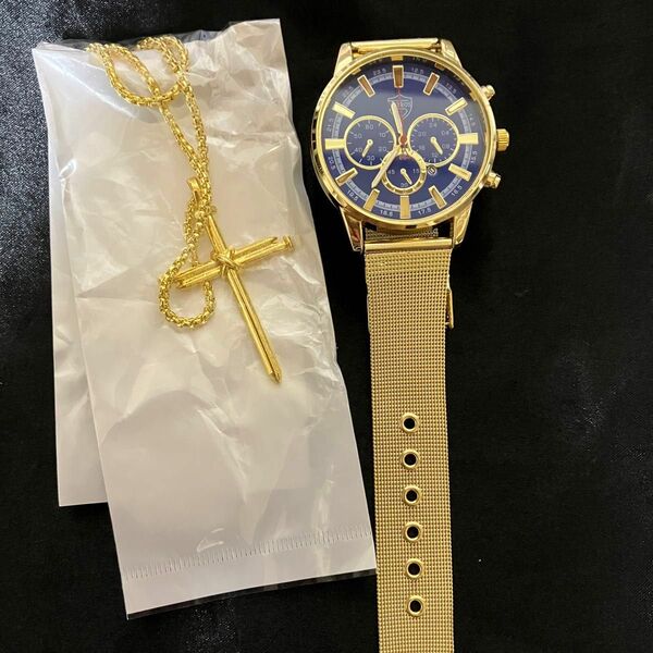 メンズ　時計　ウォッチ　腕時計　ブルー　ゴールド　クロス　ネックレス　セット