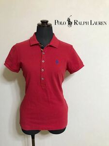 【良品】 Polo Ralph Lauren ポロ ラルフローレン レディース スキニー 鹿の子 ポロシャツ レッド トップス サイズS 160/84A 半袖 赤