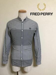 【良品】 FRED PERRY Smart Fit フレッドペリー ボタンダウン シャツ ギンガムチェック ストライプ柄 トップス 長袖 サイズXS 黒白