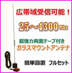 25-1300MHz 広帯域受信 ガラスマウント アンテナ 新品♪変換コネクター BNC 基台 同軸ケーブル / 航空無線 航空祭 エアーバンド 無線機に