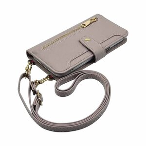 (新品) arrows WE F-51B FCG01 スマホケース(グレージュ)斜めがけ スマホショルダー 手帳型 ストラップ付き くすみカラー