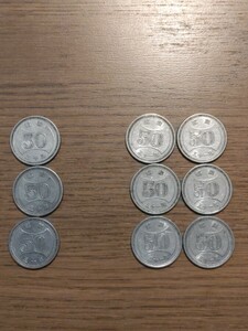 【昭和レトロ古銭】旧５０円硬貨 計９枚 大型穴なし 菊 《昭和30年3枚、 昭和31年6枚》