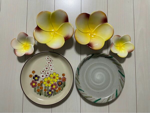 プルメリア皿 小物入れハワイ景春窯　STONE WARE大皿食器 プレート レトロ 