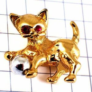 ピンバッジ・猫と球ラインストーン赤い目ゴールド金色◆フランス限定ピンズ◆レアなヴィンテージものピンバッチ