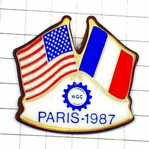 ピンバッジ・フランス国旗アメリカ星条旗パリ歯車 USA FRANCE FLAG WGC 1987年◆フランス限定ピンズ◆レアなヴィンテージものピンバッチ