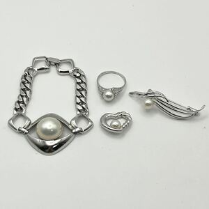 [A089/82] 田崎 TASAKI パール リング トップ ブローチ ブレスレット SILVER刻印 四角S刻印 4点セット まとめ売り マベパール