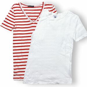 PETIT BATEAU プチバトー ミニマリニエールVネック半袖Tシャツ ボーダーシャツ 2枚セット 半袖 カットソー レディースXS 14ans 送料無料 