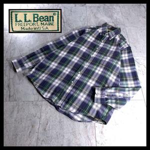80s 90s USA製 L.L.Bean チェック ネルシャツ ネイビー 緑