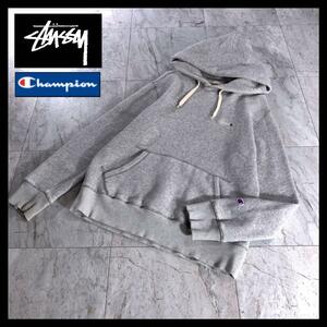 stussy × champion コラボ パーカー フーディ バックロゴ M